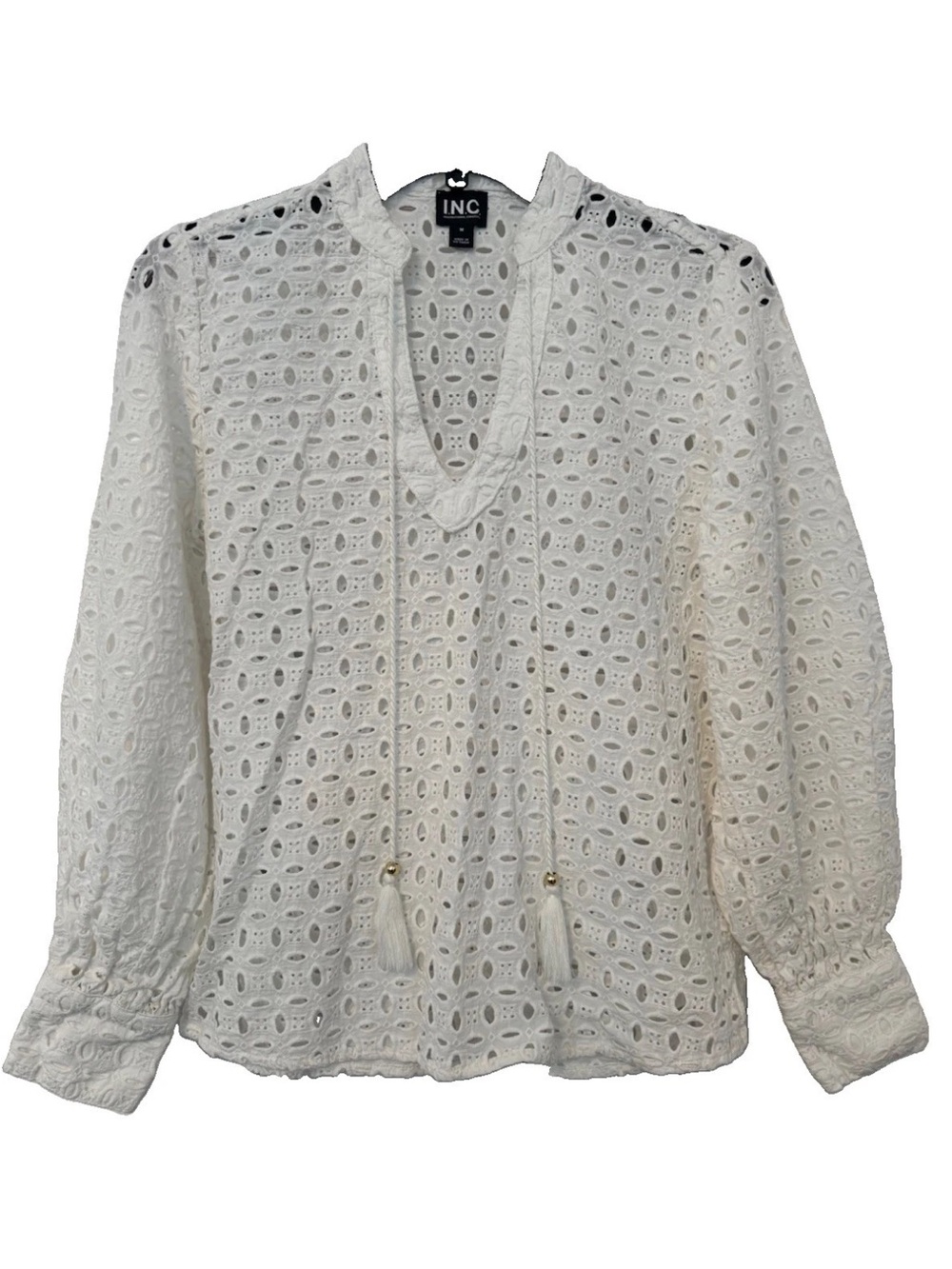 INC International Concepts White Eyelet Lace Tunic Blouse with Tassel Ties